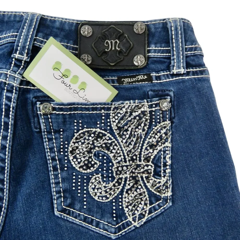 Miss Me Easy Skinny Jeans Fleur De Lis Bling Rhinestone Pocket Jeans Size 26